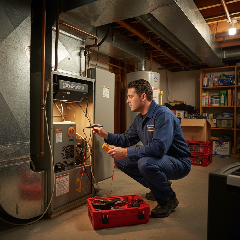 ThermoSTAT Heating and Cooling technician inspecting a furnace in a LaFollette, TN home.