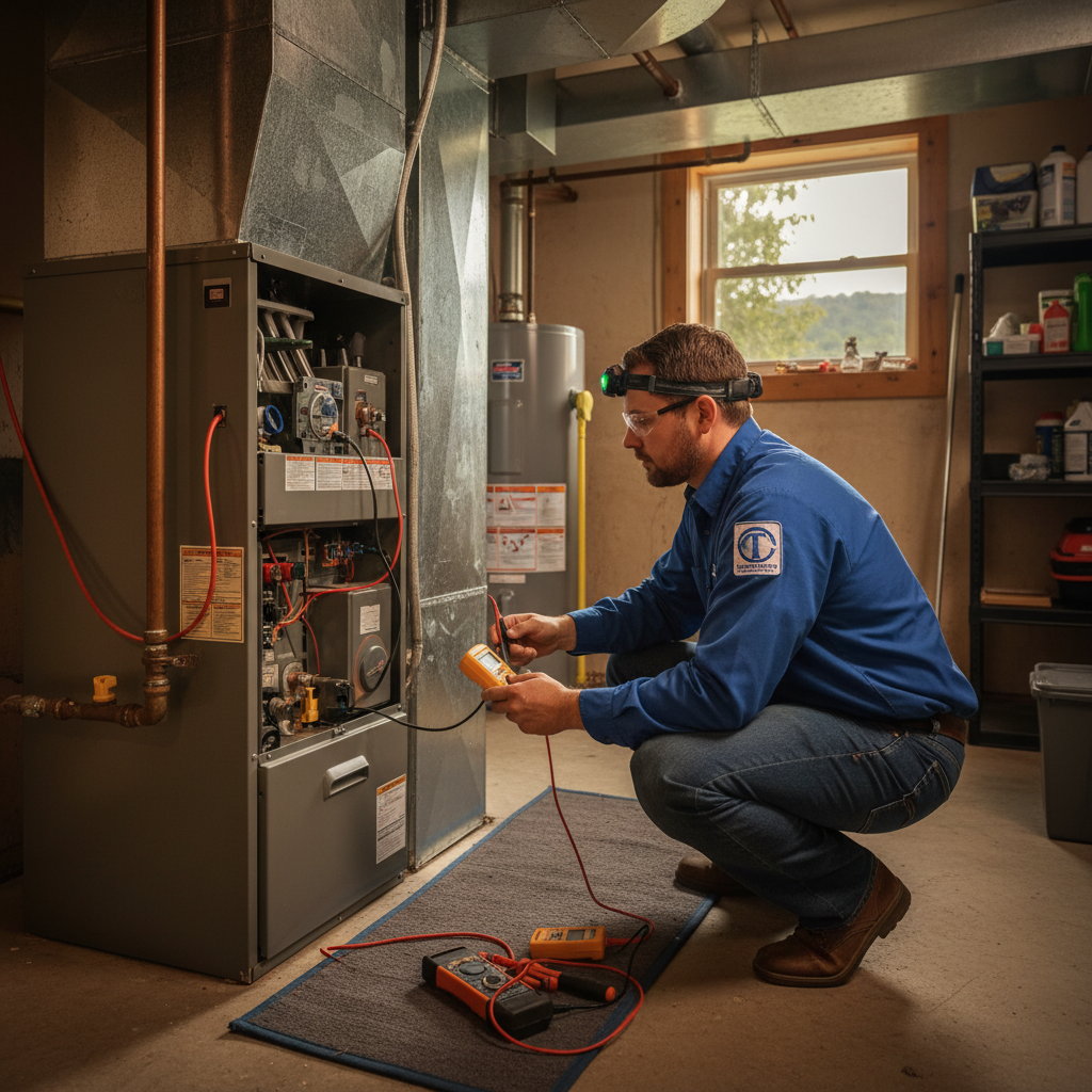 ThermoSTAT Heating and Cooling technician inspecting a furnace in a LaFollette, TN home.