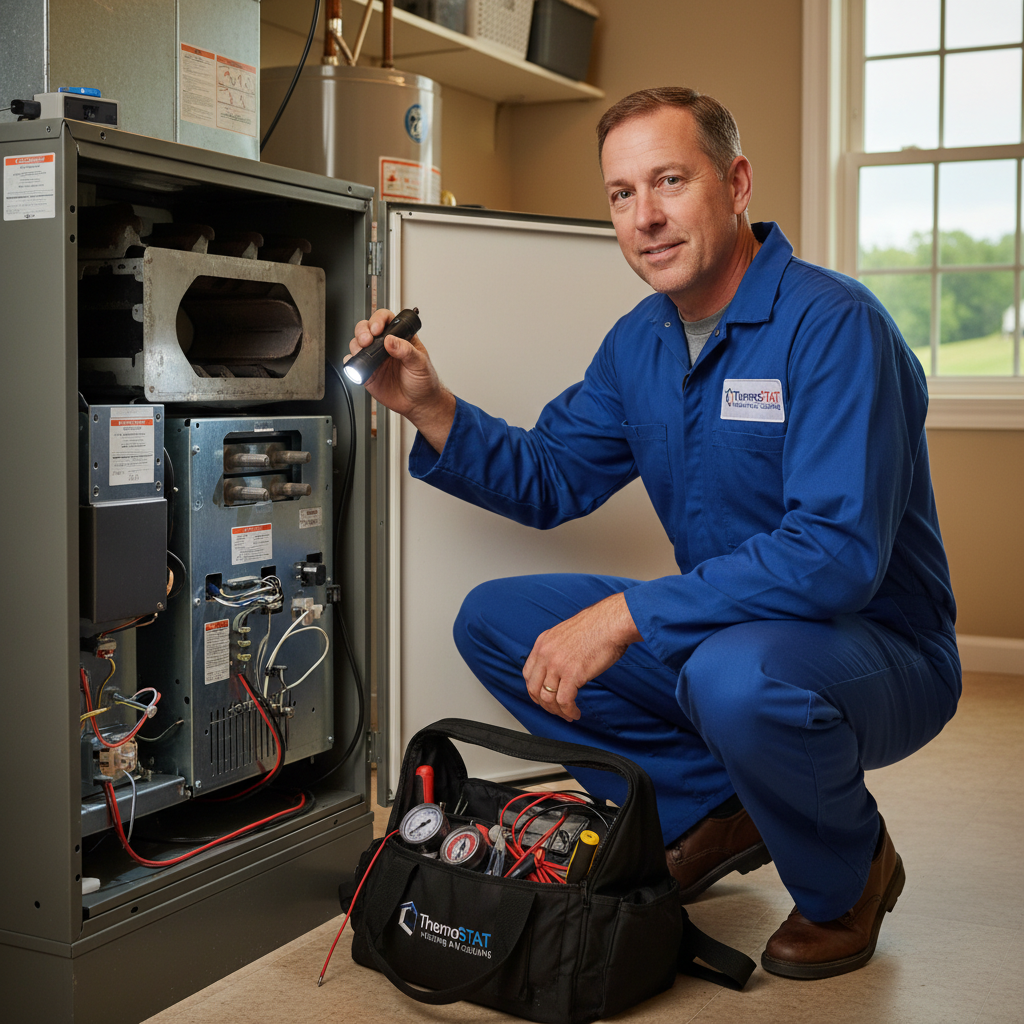 ThermoSTAT Heating and Cooling technician inspecting a furnace in a Jacksboro, Tennessee home's utility room.