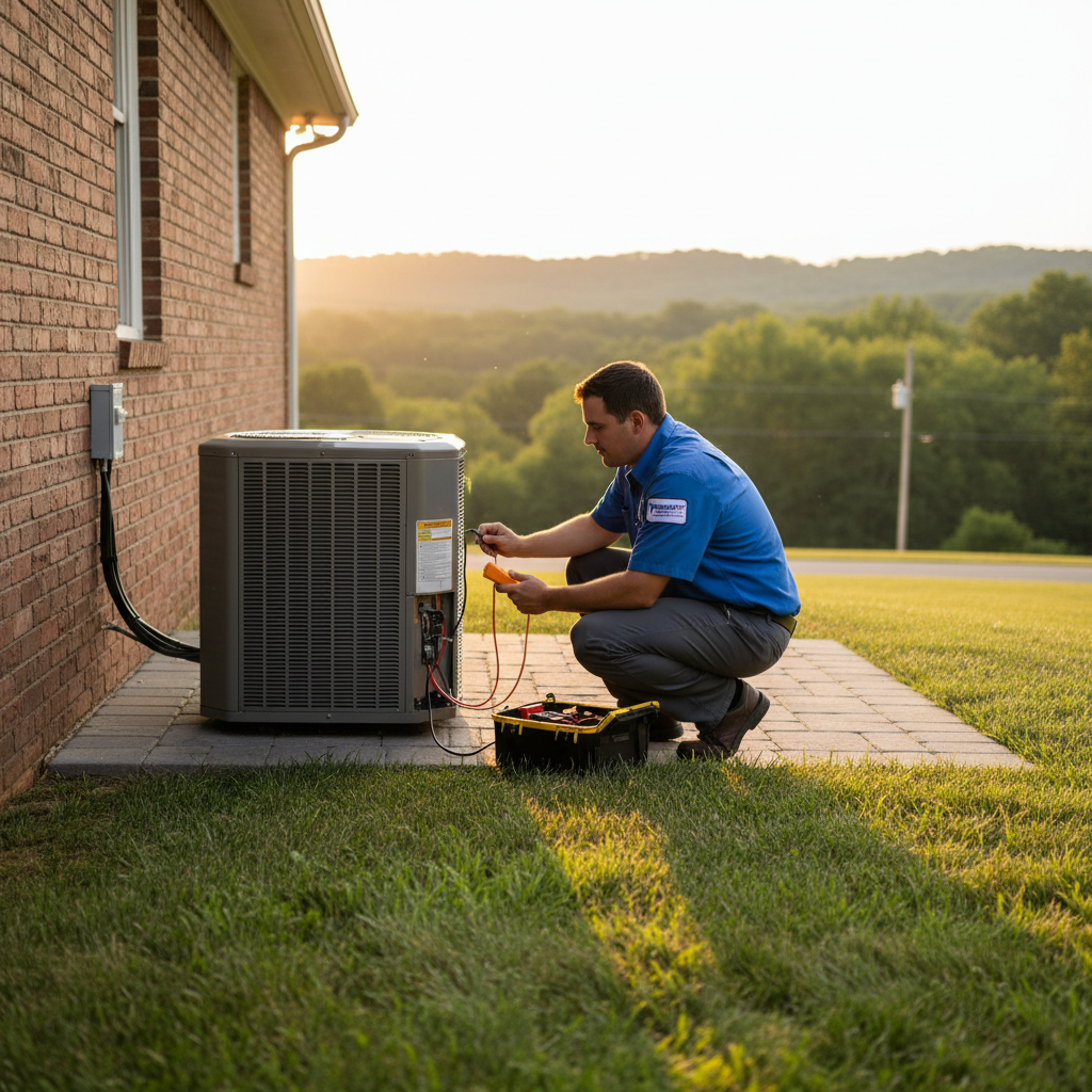 ThermoSTAT Heating and Cooling technician inspecting a residential HVAC unit in LaFollette, Tennessee.