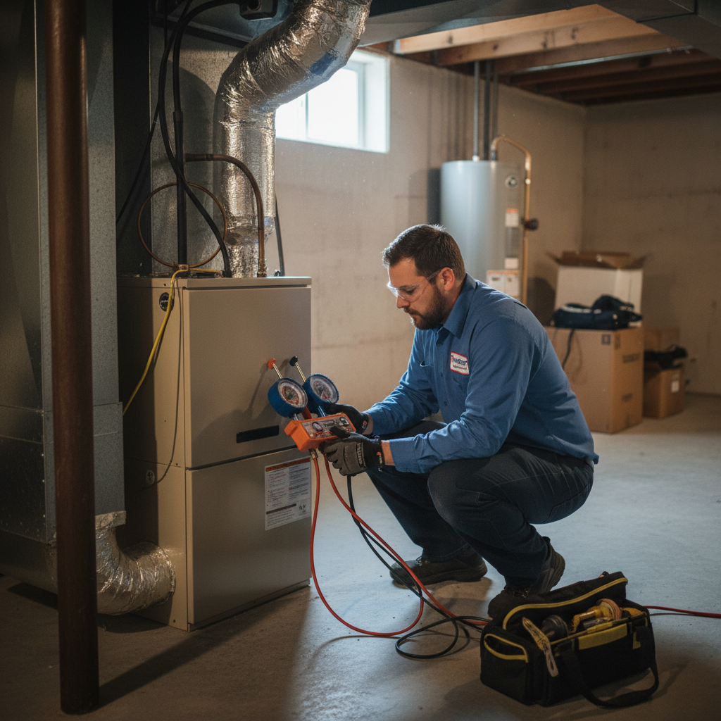 ThermoSTAT Heating and Cooling technician inspecting a residential furnace in LaFollette, TN.