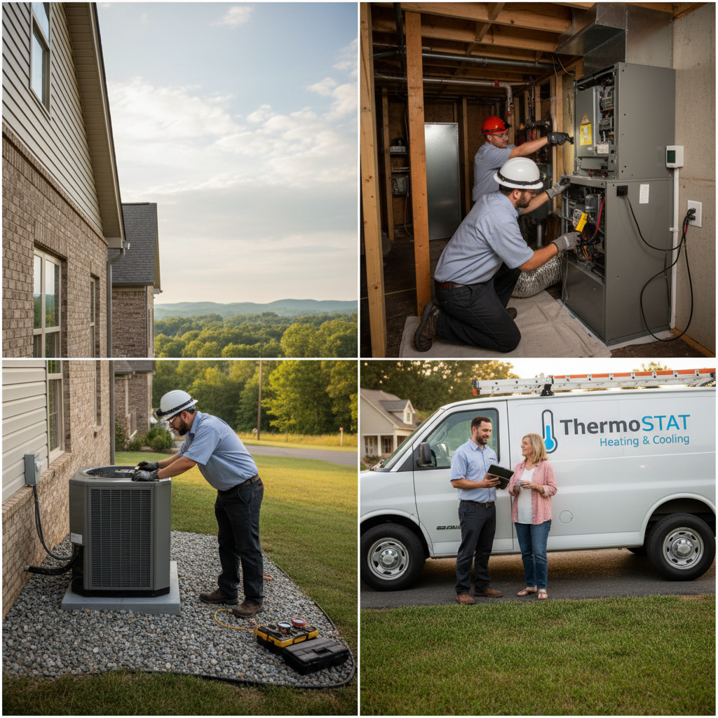 ThermoSTAT Heating and Cooling technician inspecting a residential AC unit in LaFollette, TN.