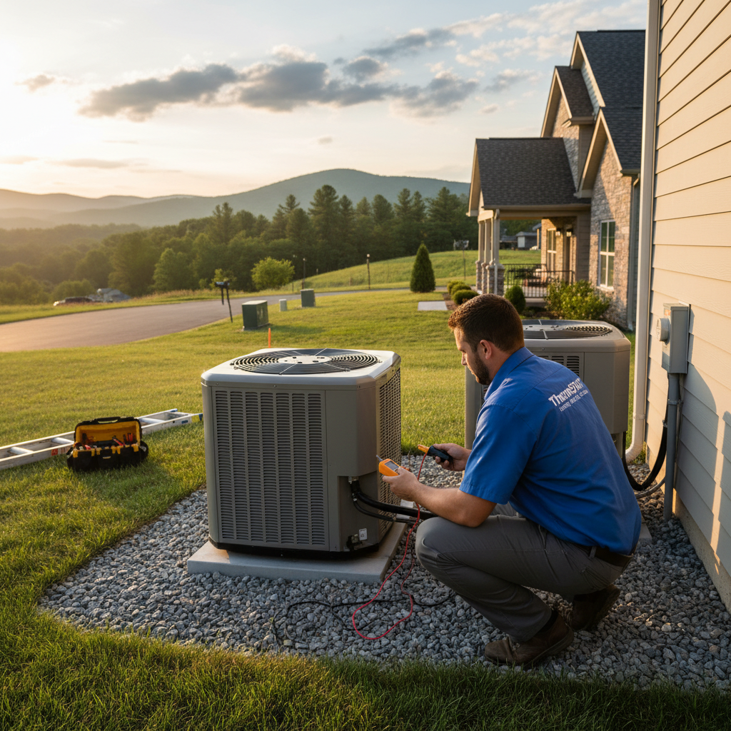 ThermoSTAT Heating and Cooling technician inspecting an AC unit in a LaFollette, TN home.