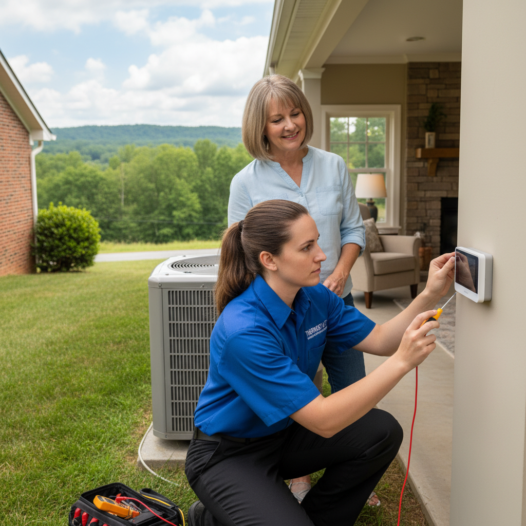 ThermoSTAT Heating and Cooling technician inspecting an HVAC unit in a LaFollette, Jacksboro, Caryville, and Campbell County TN home.