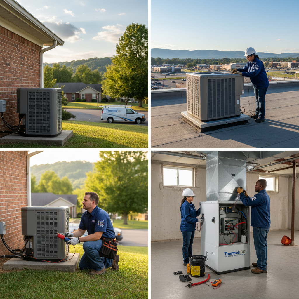 ThermoSTAT Heating and Cooling technician inspecting an HVAC unit in a LaFollette, TN home.