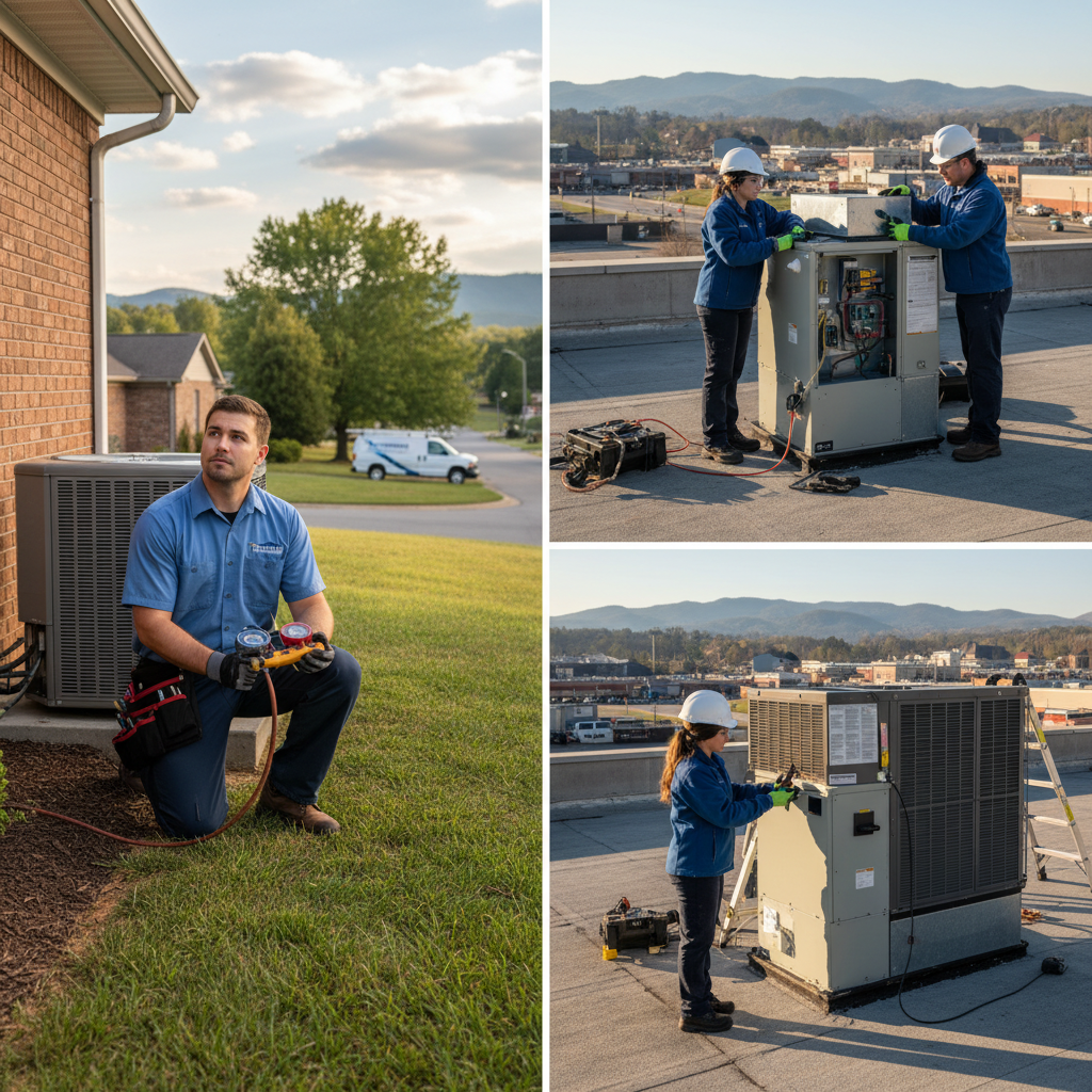 ThermoSTAT Heating and Cooling technician inspecting an HVAC unit in a LaFollette, TN home.