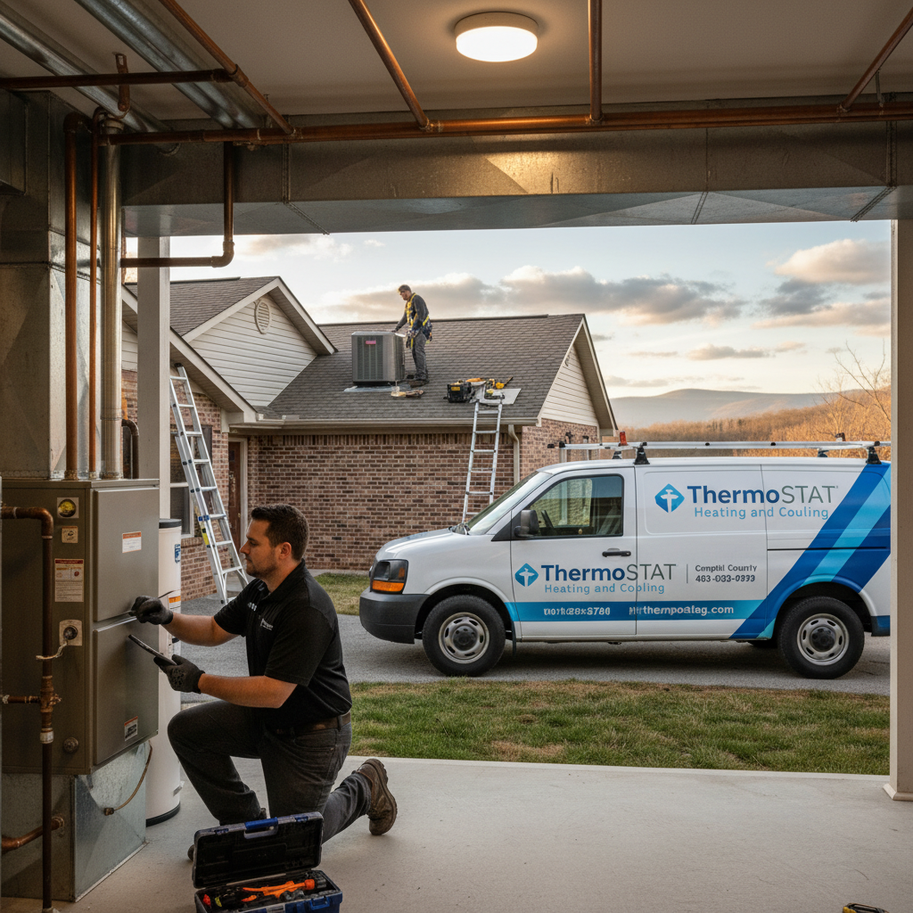 ThermoSTAT Heating and Cooling technician inspecting an HVAC unit in a LaFollette, TN home.