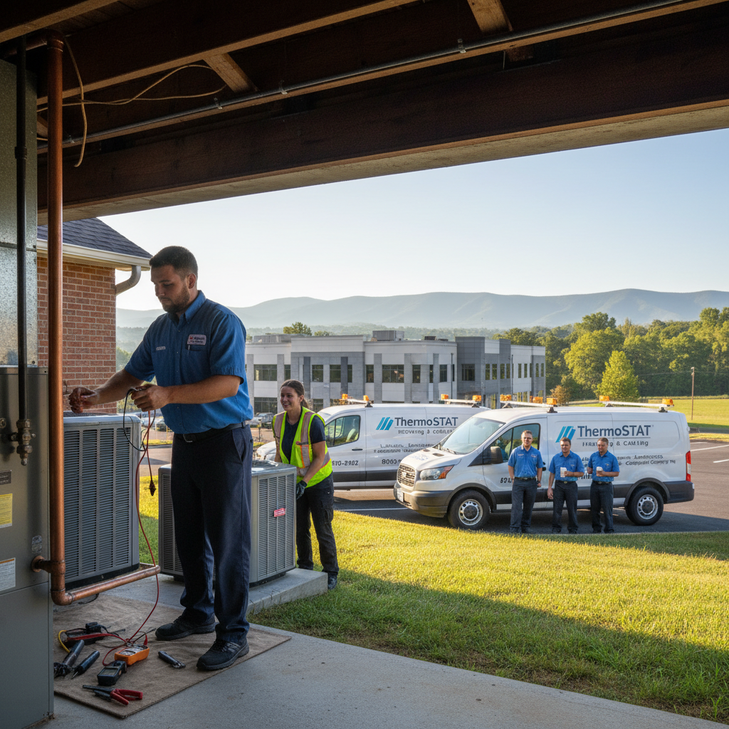 ThermoSTAT Heating and Cooling technician inspecting an HVAC unit in a LaFollette, TN home.