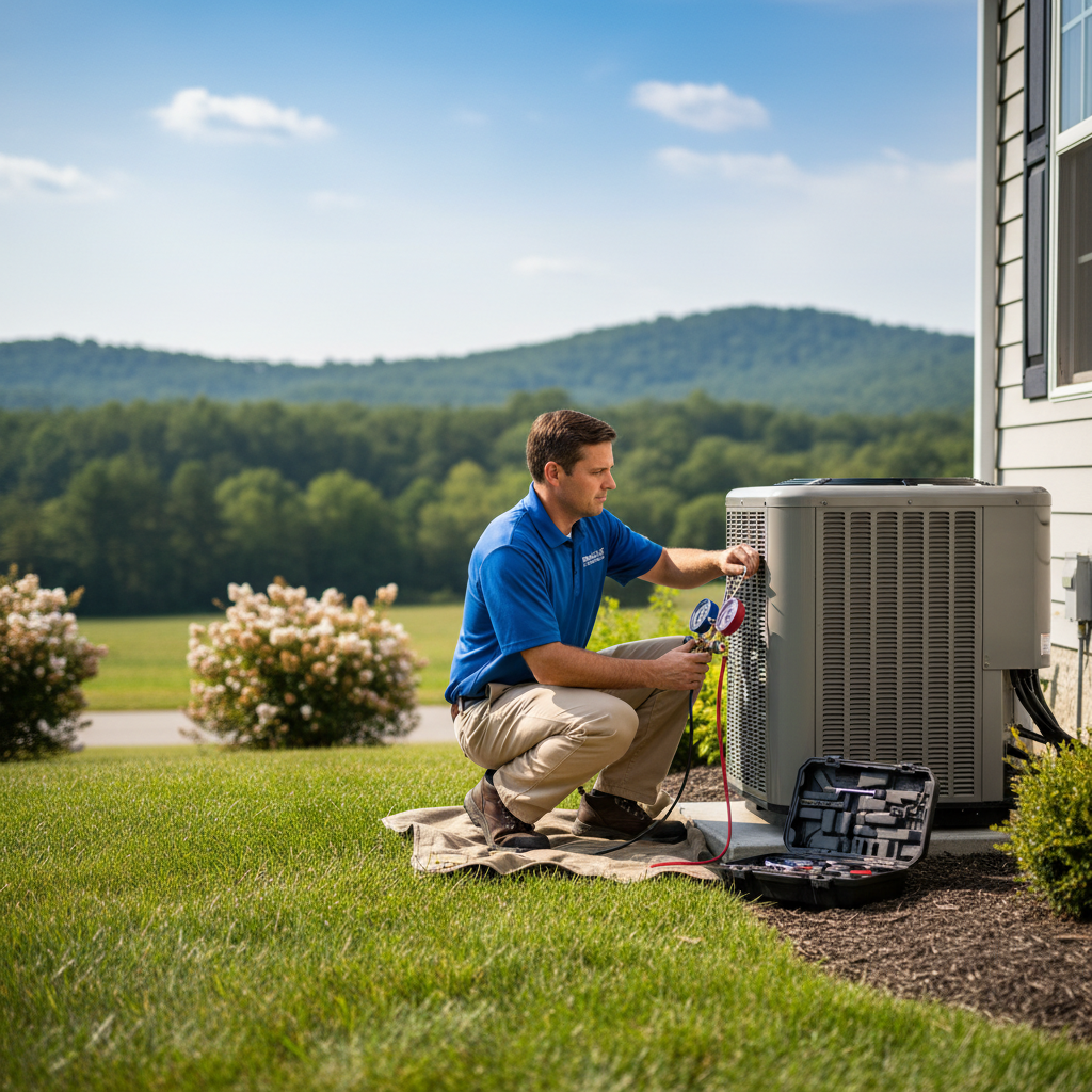 ThermoSTAT Heating and Cooling technician inspecting an outdoor AC unit in Jacksboro, TN.