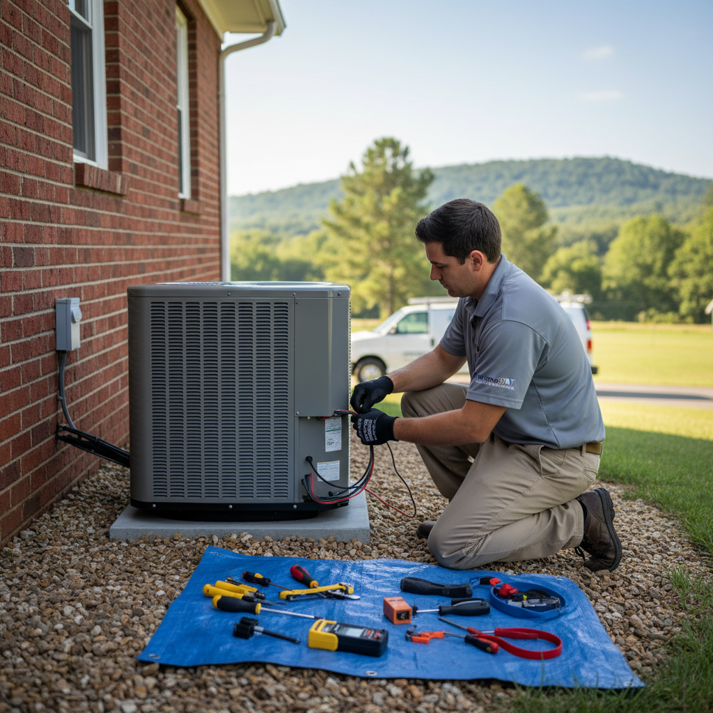 ThermoSTAT Heating and Cooling technician installing a new air conditioning unit in Jacksboro, TN.