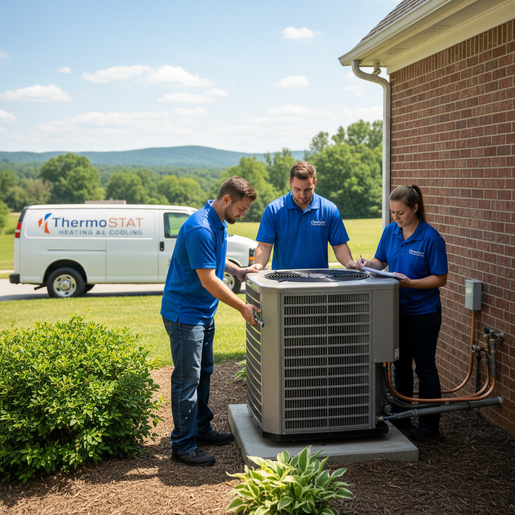 ThermoSTAT Heating and Cooling technician installing a new air conditioning unit in LaFollette, Jacksboro, Caryville, and Campbell County TN.