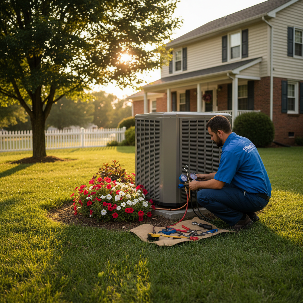 ThermoSTAT Heating and Cooling technician installing a new air conditioning unit outside a Jacksboro, TN residence.