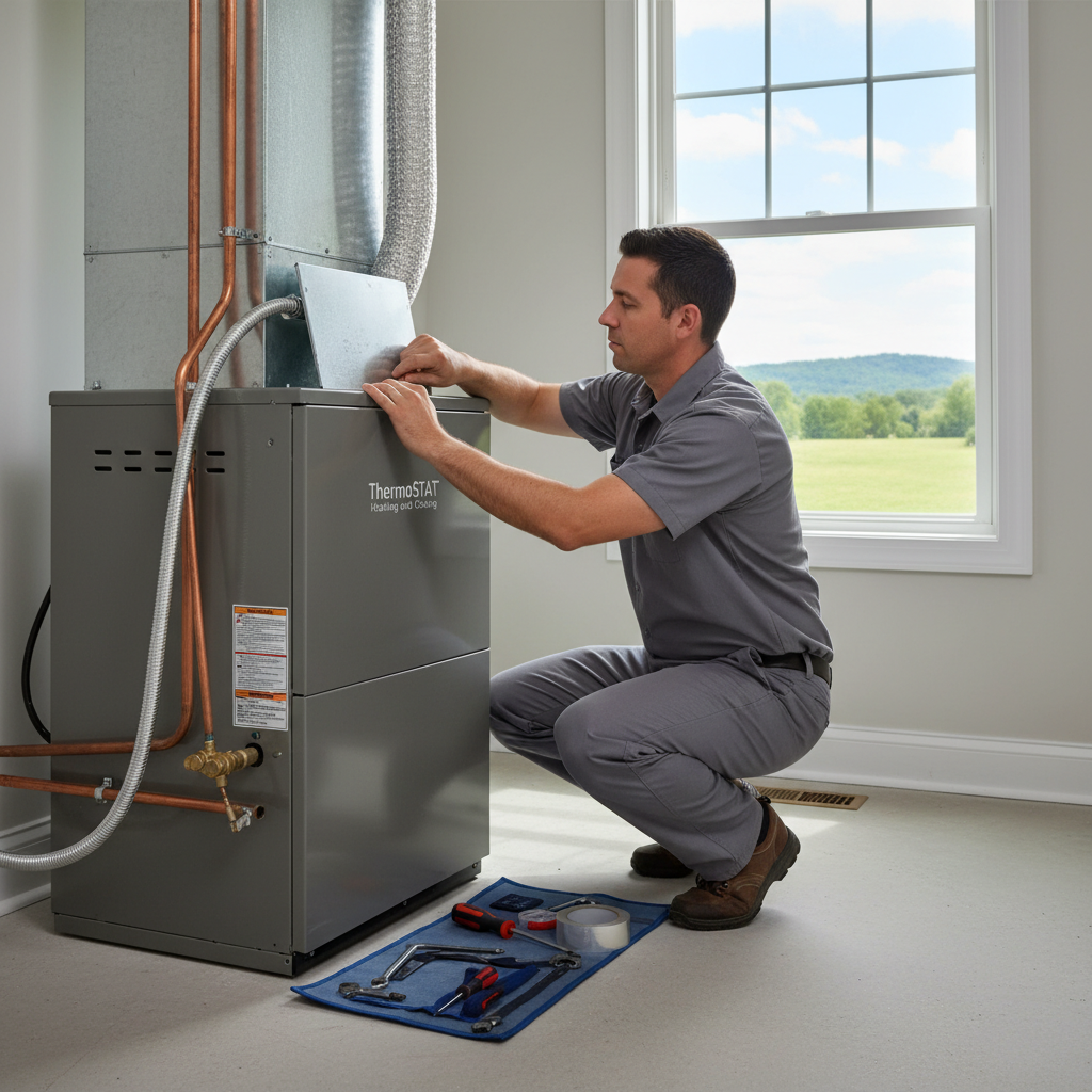 ThermoSTAT Heating and Cooling technician installing a new furnace in a Jacksboro, TN home.