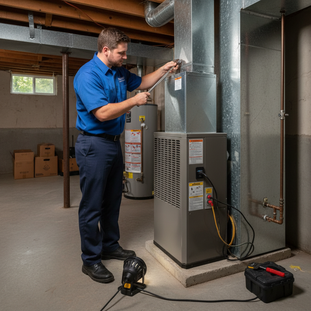 ThermoSTAT Heating and Cooling technician installing a new furnace in a LaFollette, TN home.