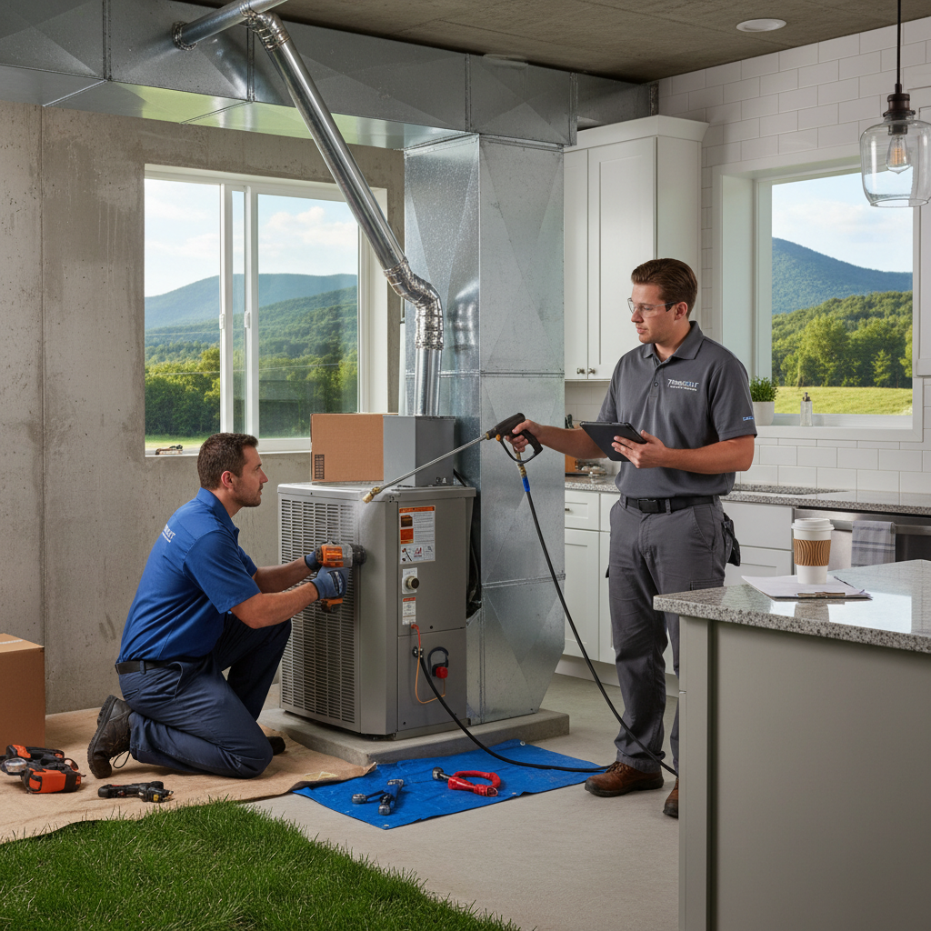 ThermoSTAT Heating and Cooling technician installing a new furnace in a LaFollette, TN home.