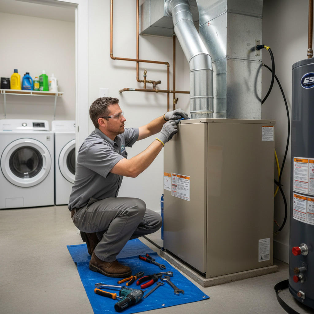 ThermoSTAT Heating and Cooling technician installing a new furnace in a Jacksboro, TN home.