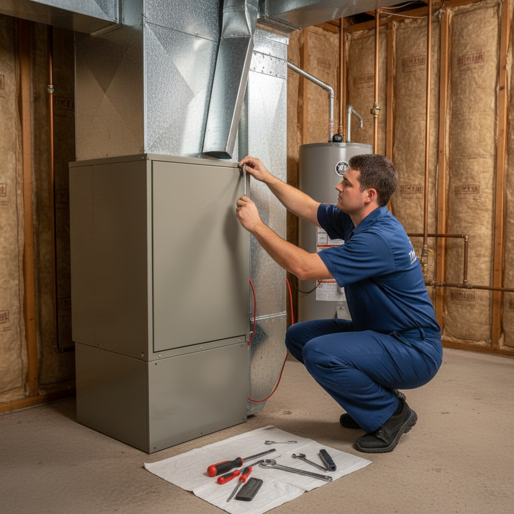 ThermoSTAT Heating and Cooling technician installing a new furnace in a Caryville, TN home, ensuring comfort.