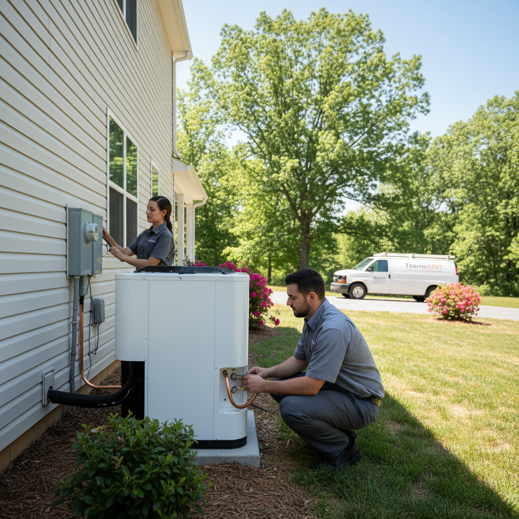 ThermoSTAT Heating and Cooling technician installing a new outdoor air conditioning unit in Jacksboro, TN.