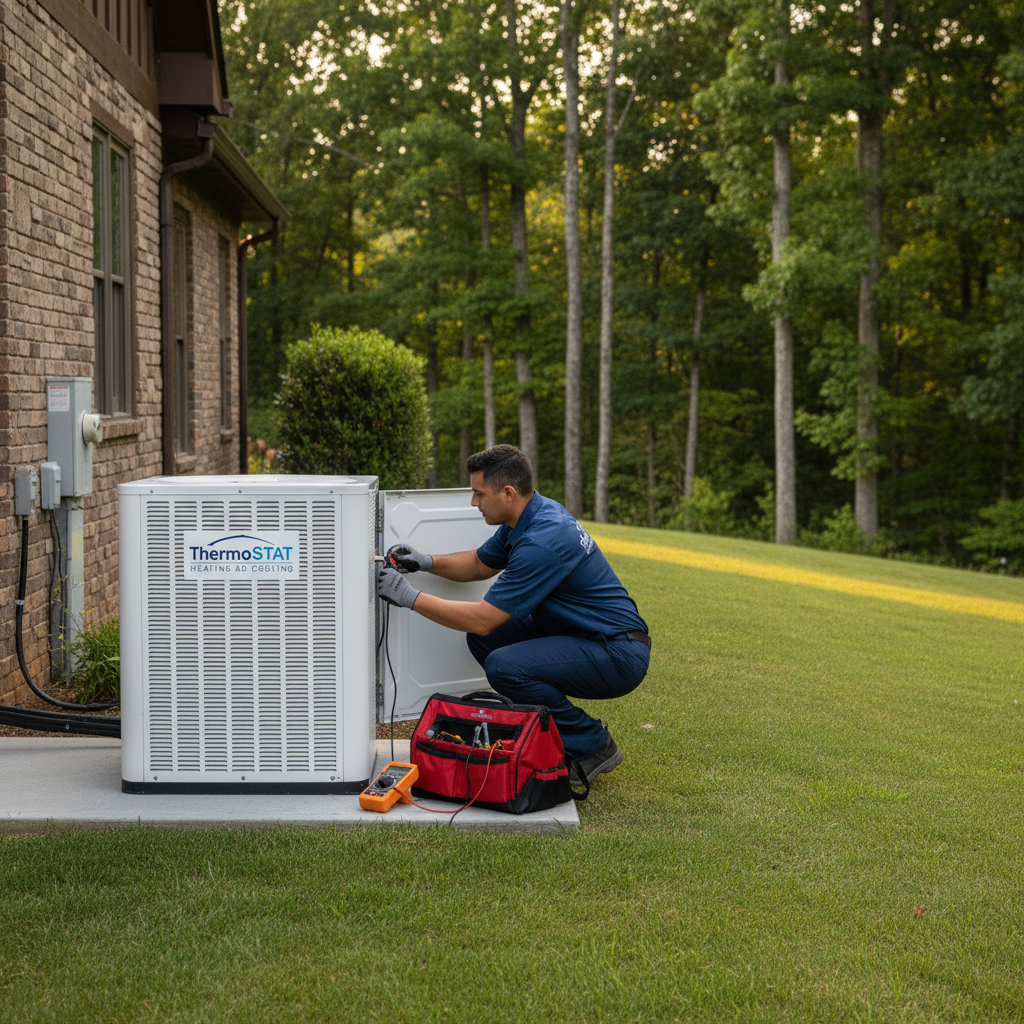 ThermoSTAT Heating and Cooling technician performing AC maintenance outside a LaFollette, Jacksboro, Caryville, and Campbell County TN residence.