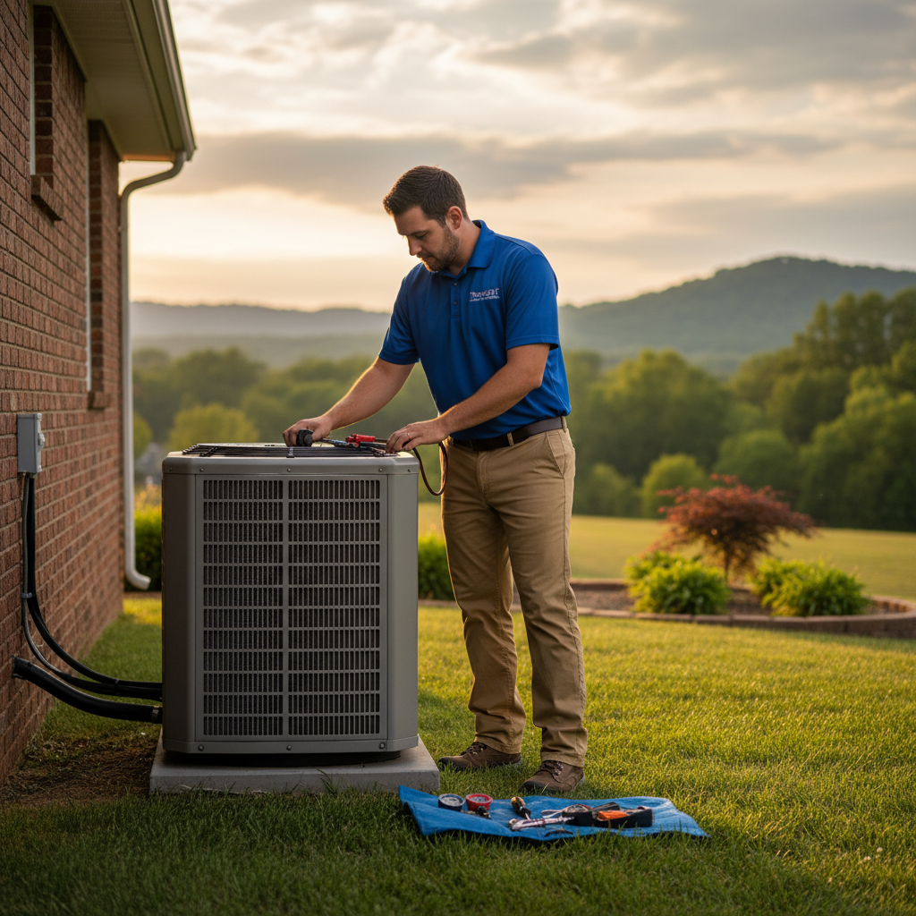 ThermoSTAT Heating and Cooling technician performing AC maintenance in a Jacksboro, TN residence.