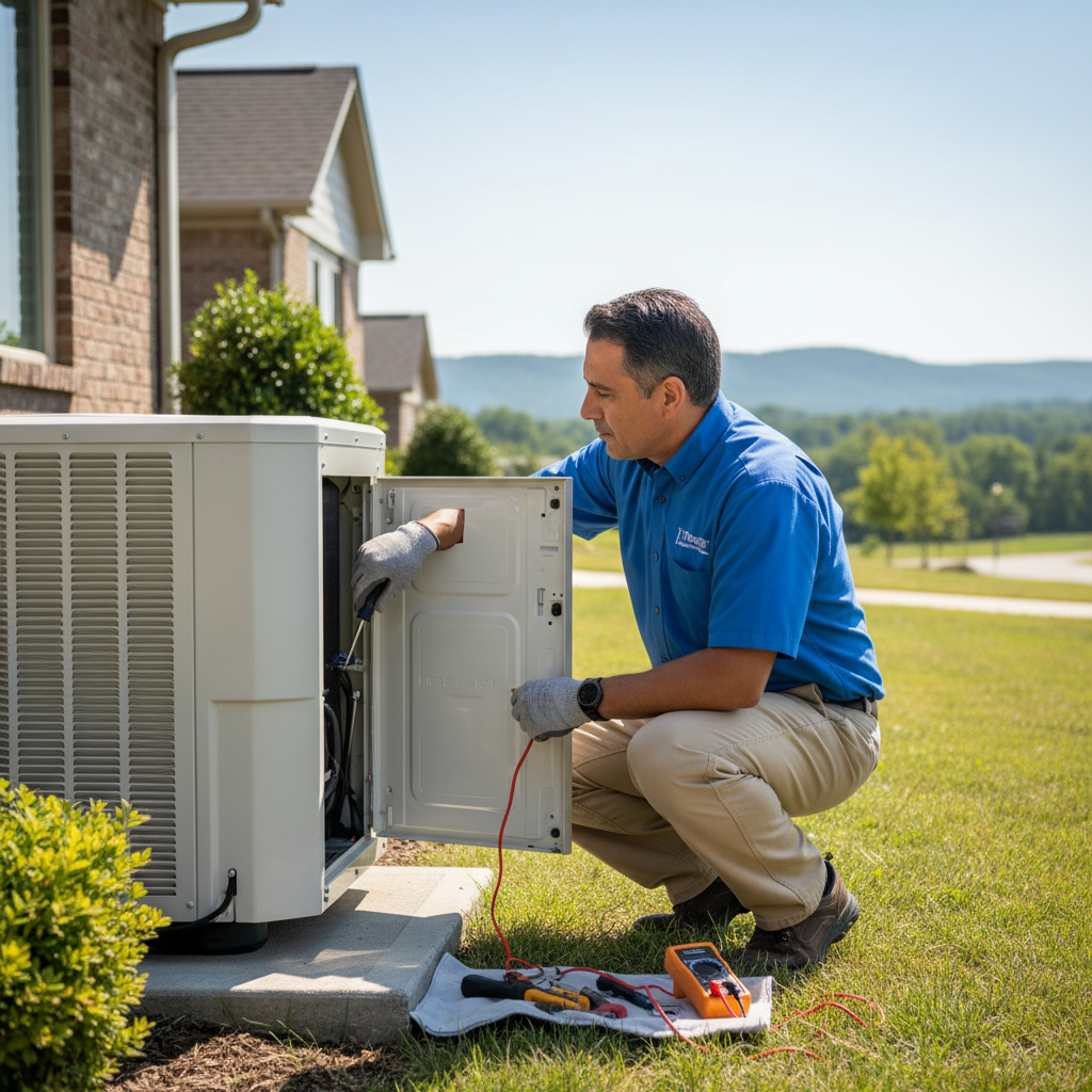 ThermoSTAT Heating and Cooling technician performing AC repair on an outdoor unit in Jacksboro, TN.
