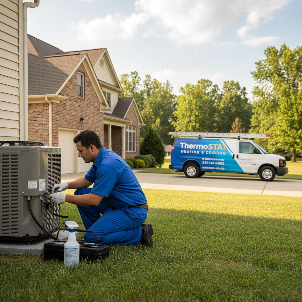 ThermoSTAT Heating and Cooling technician performing AC repair outside a home in Jacksboro, TN.