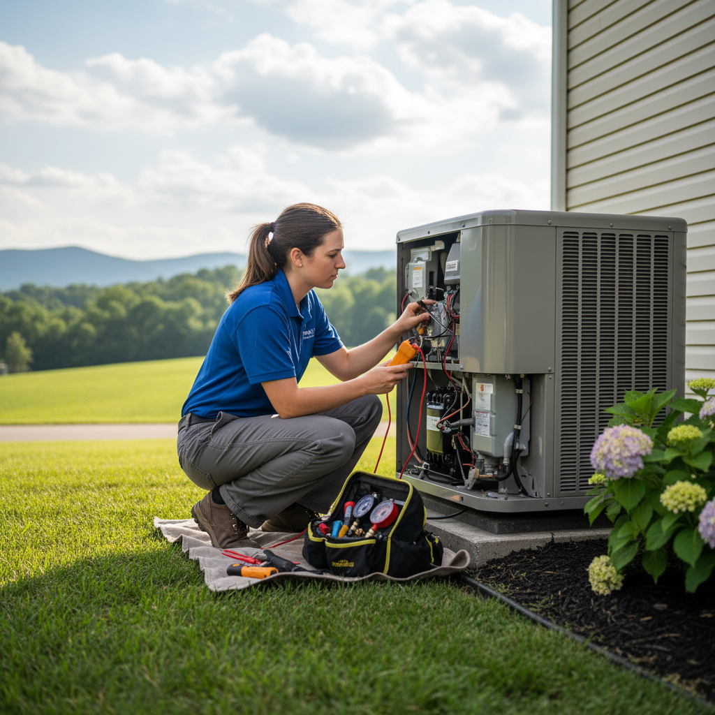 ThermoSTAT Heating and Cooling technician performing AC repair on an outdoor unit in Jacksboro, TN.