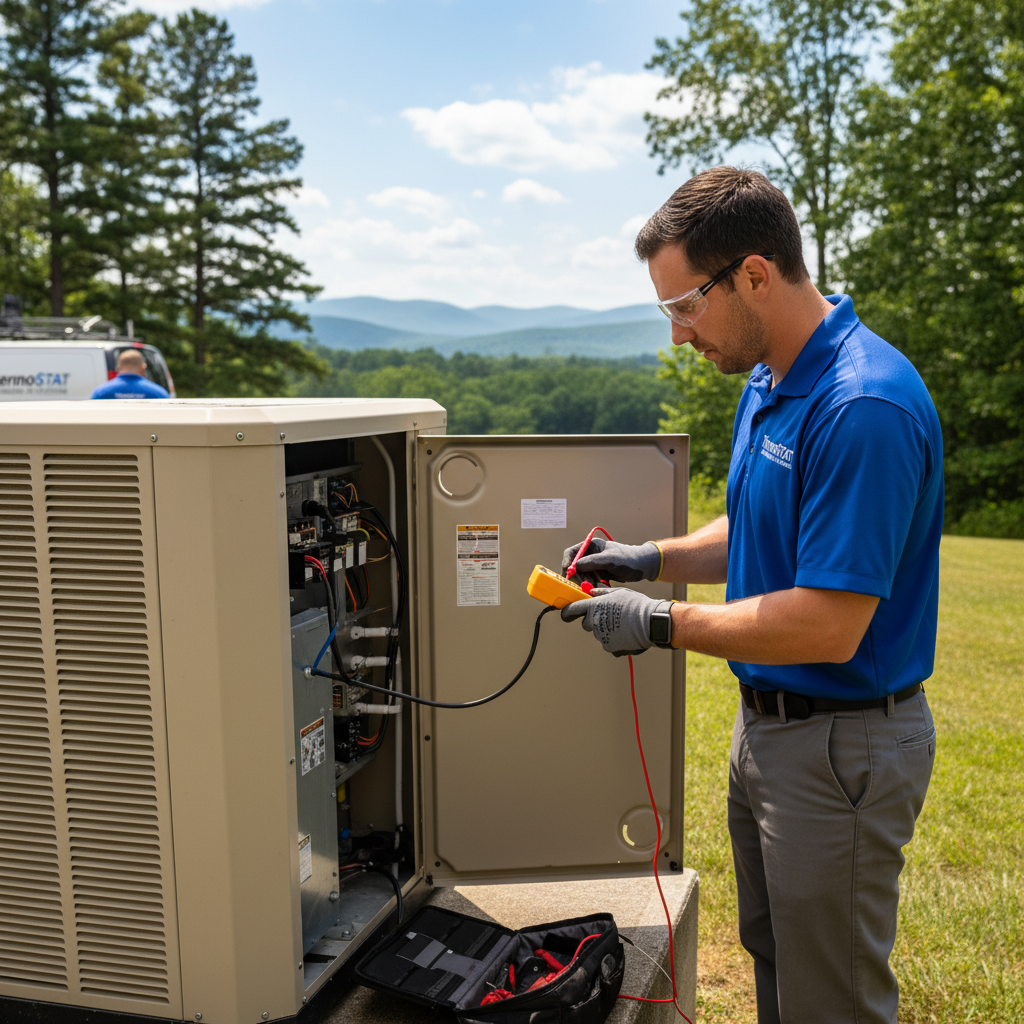 ThermoSTAT Heating and Cooling technician performing AC repair on an outdoor unit in Jacksboro, TN.