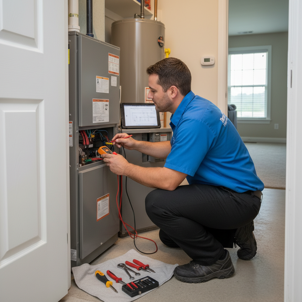 ThermoSTAT Heating and Cooling technician performing AC repair in a Caryville, TN home.