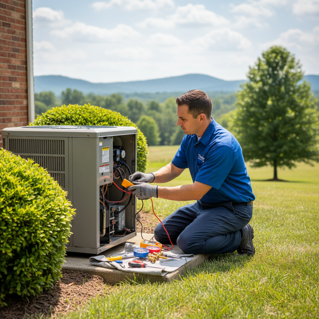 ThermoSTAT Heating and Cooling technician performing air conditioning repair in a Jacksboro, TN residence.