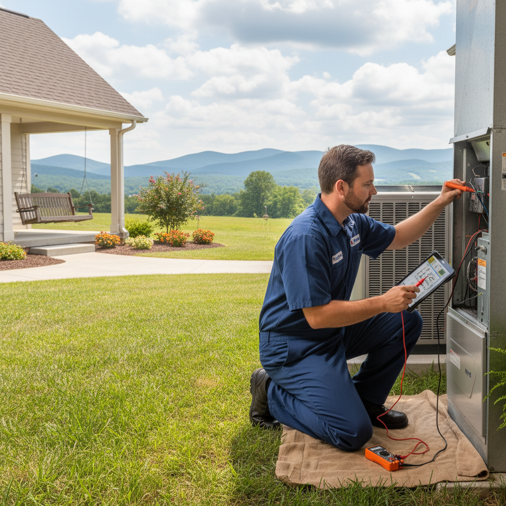 ThermoSTAT Heating and Cooling technician performing air conditioning repair service in Campbell County, TN.