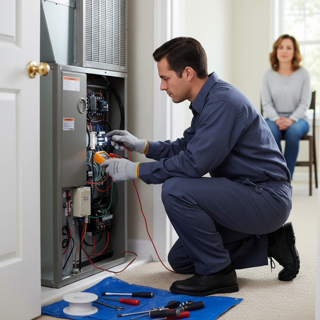 ThermoSTAT Heating and Cooling technician performing an AC repair service in a LaFollette, Jacksboro, Caryville, and Campbell County TN home.