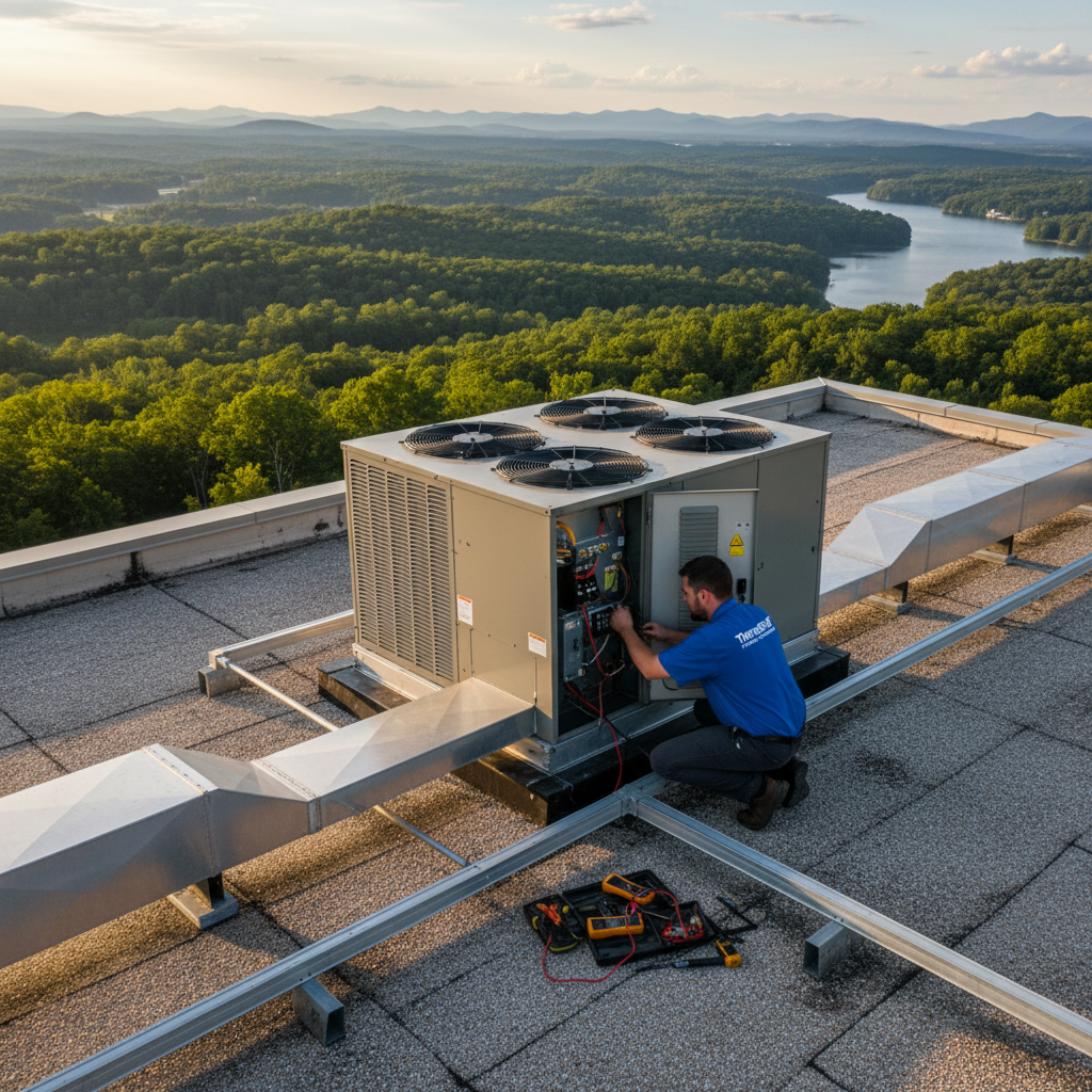 ThermoSTAT Heating and Cooling technician performing an AC repair on a rooftop unit in Campbell County, TN.