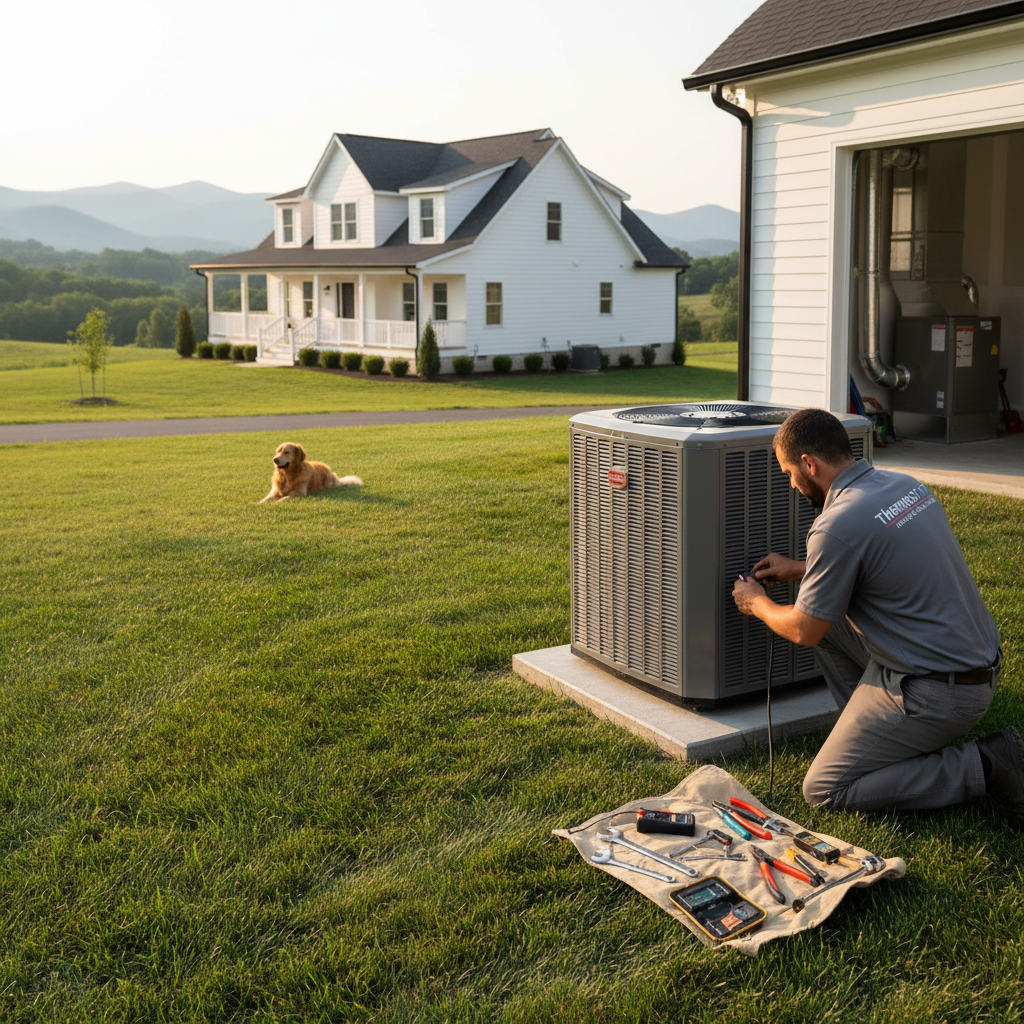 ThermoSTAT Heating and Cooling technician working on an AC unit in Caryville, TN.
