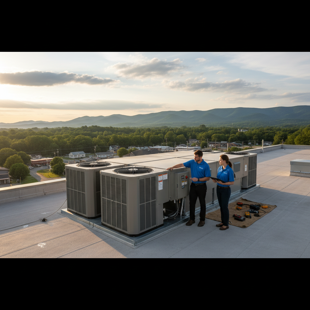 ThermoSTAT Heating and Cooling technicians inspecting a commercial HVAC system in Caryville, Campbell County, TN.