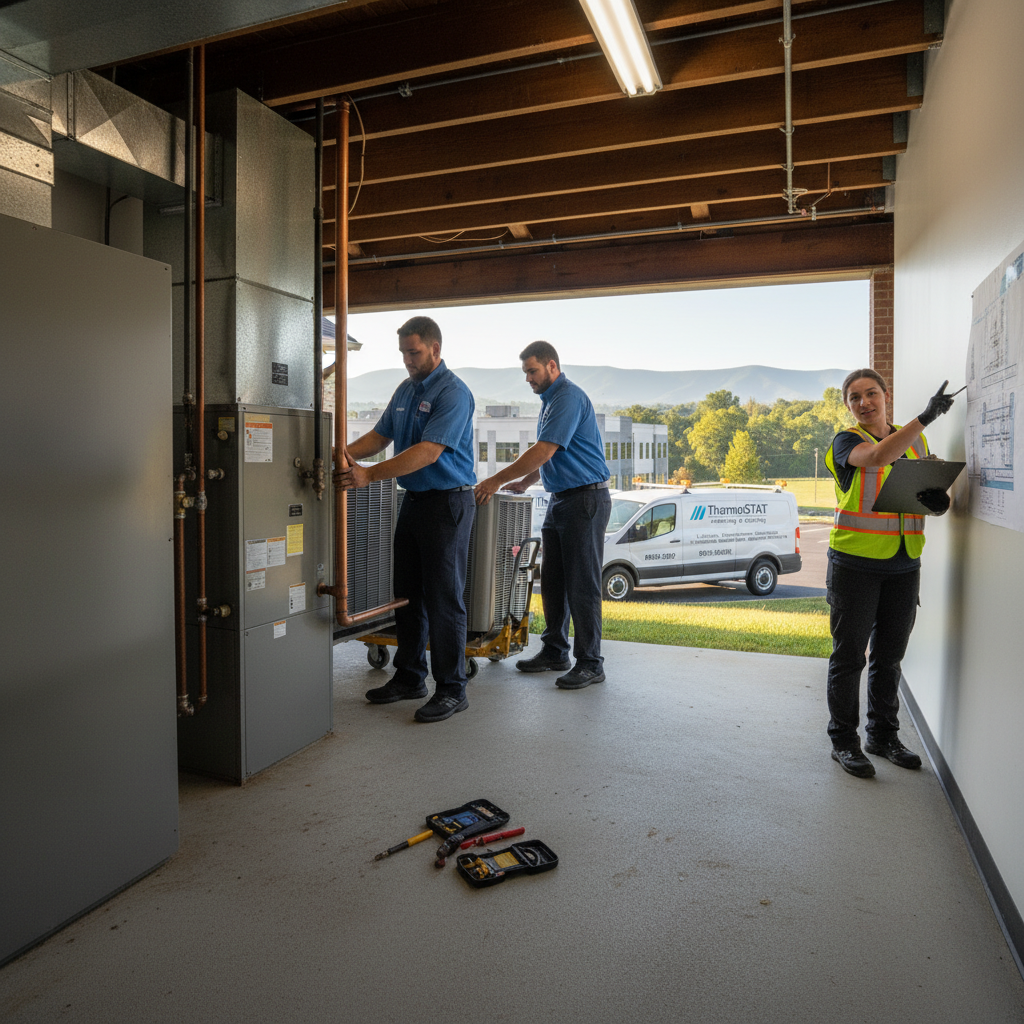 ThermoSTAT Heating and Cooling technicians installing a new furnace in a Jacksboro, TN business.