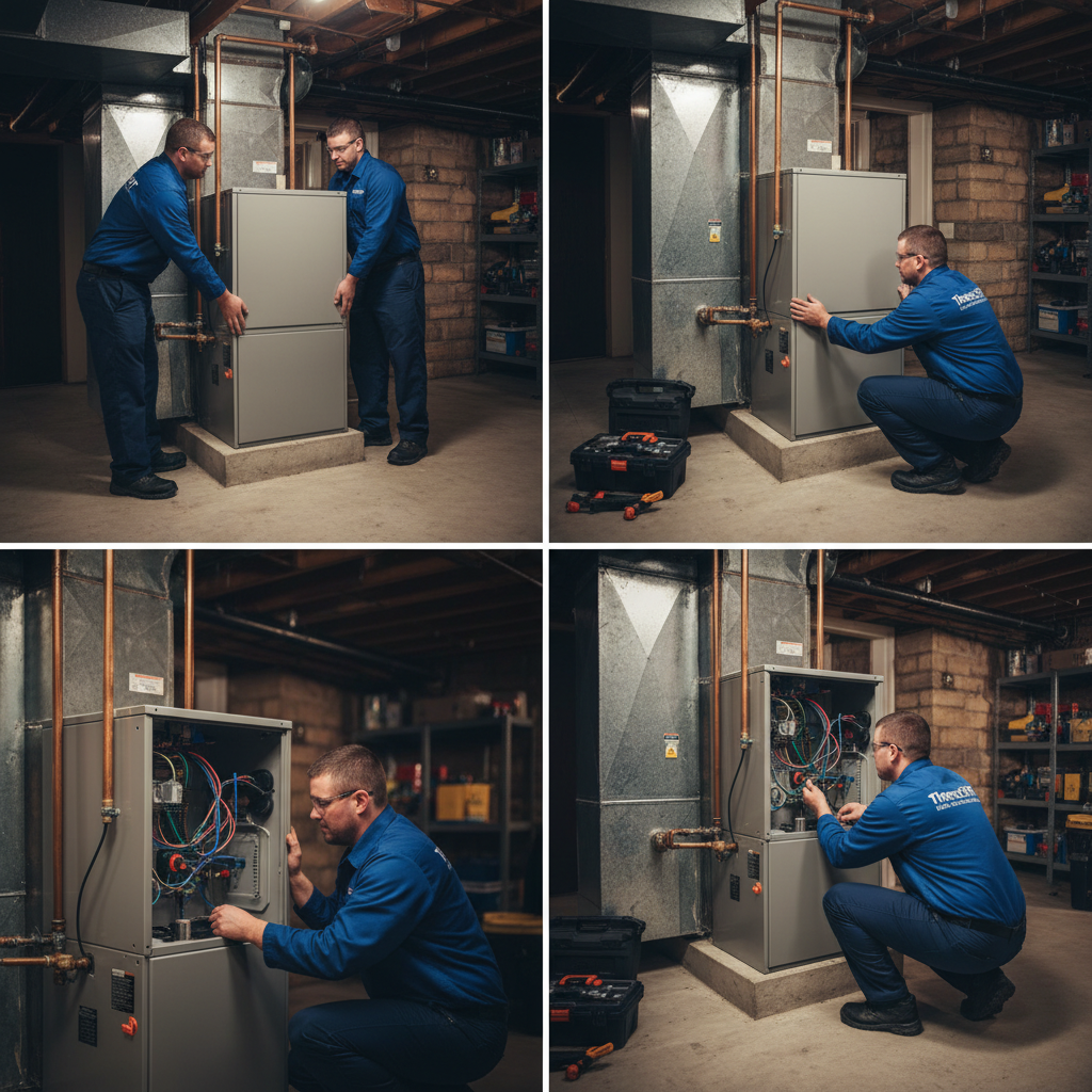 ThermoSTAT Heating and Cooling technicians installing a new furnace in a Caryville, TN basement.