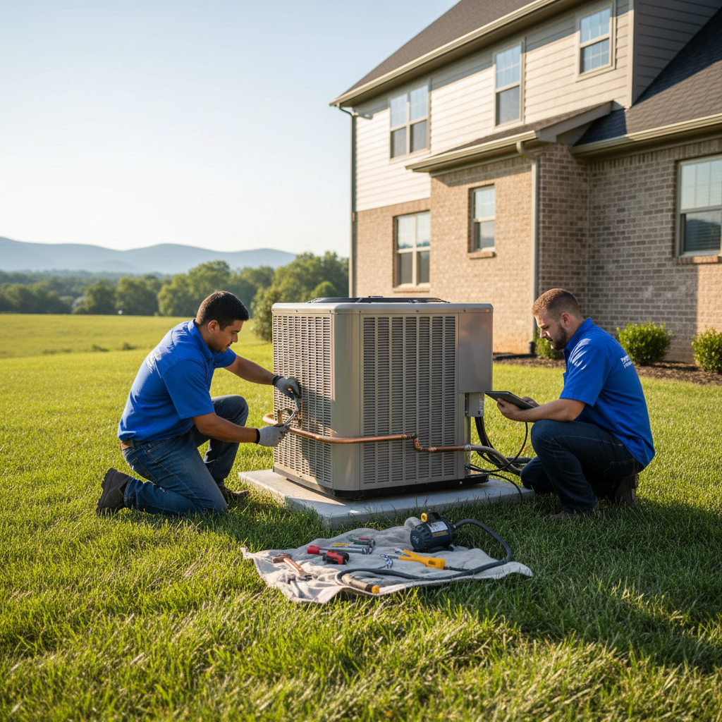 ThermoSTAT Heating and Cooling technicians installing a new outdoor AC unit in Jacksboro, TN.