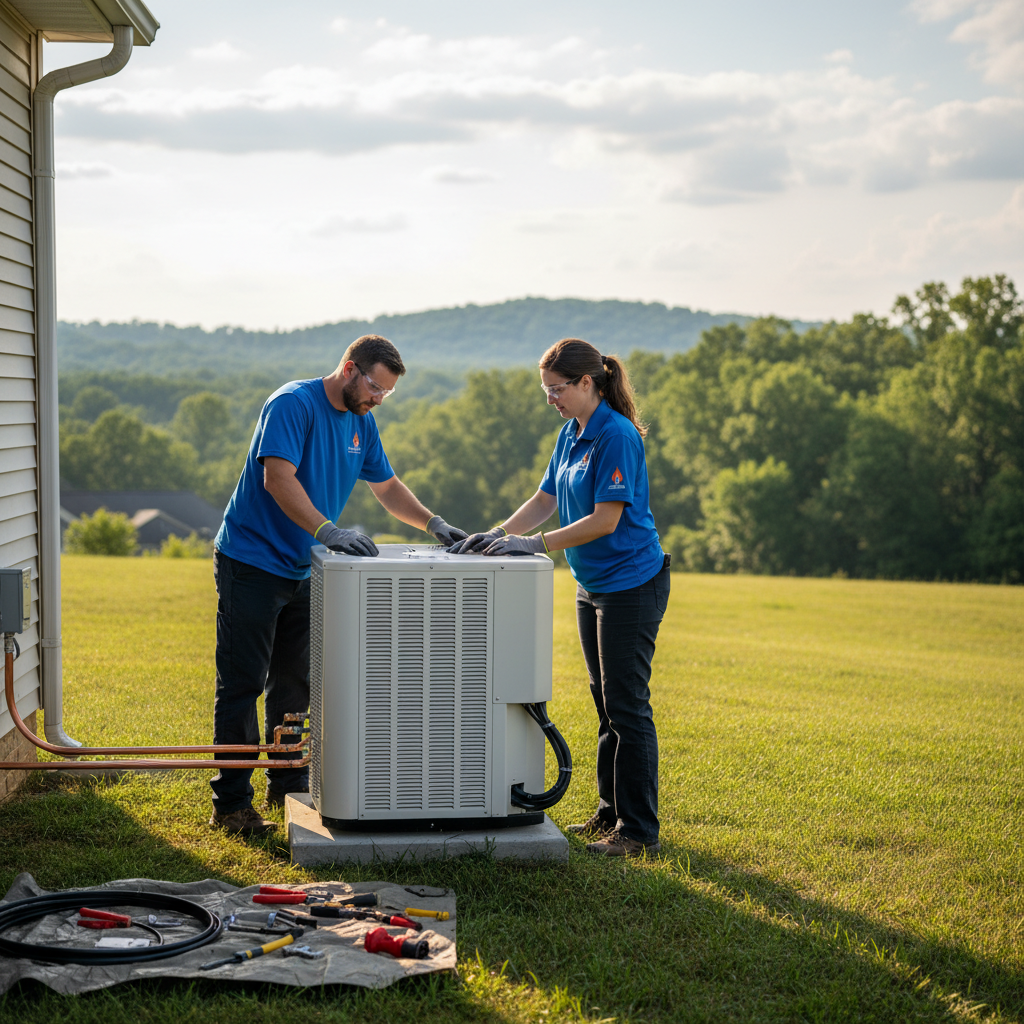 ThermoSTAT Heating and Cooling technicians installing a new outdoor AC unit in LaFollette, Jacksboro, Caryville, Campbell County TN.