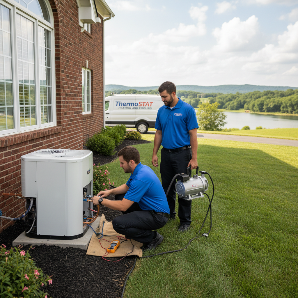 ThermoSTAT Heating and Cooling technicians installing a new outdoor AC unit in Campbell County TN.