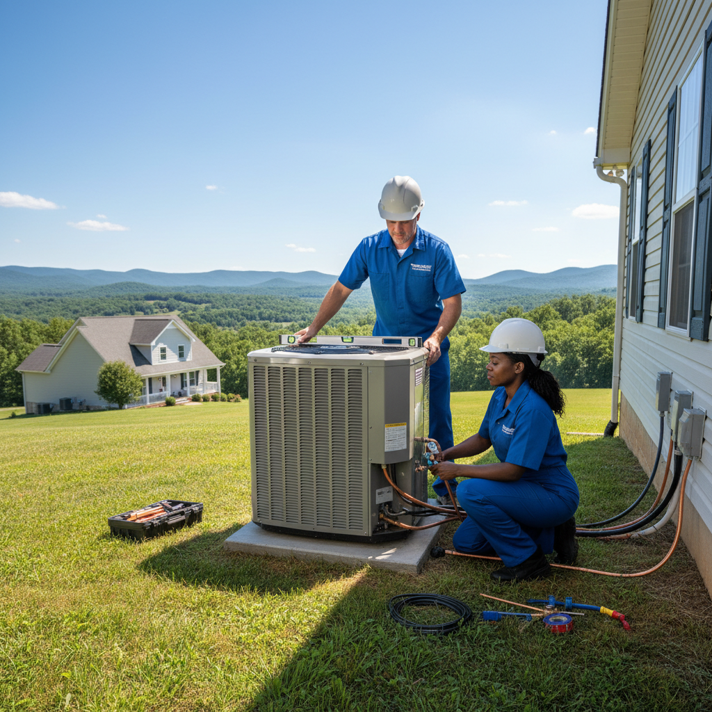 ThermoSTAT Heating and Cooling technicians installing a new outdoor AC unit in Campbell County, TN.