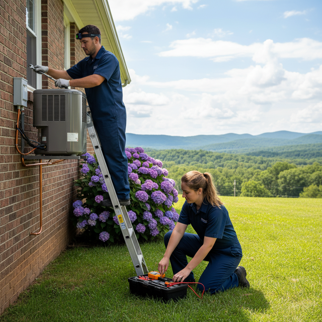 ThermoSTAT Heating and Cooling technicians performing AC repair in a Campbell County, TN backyard.