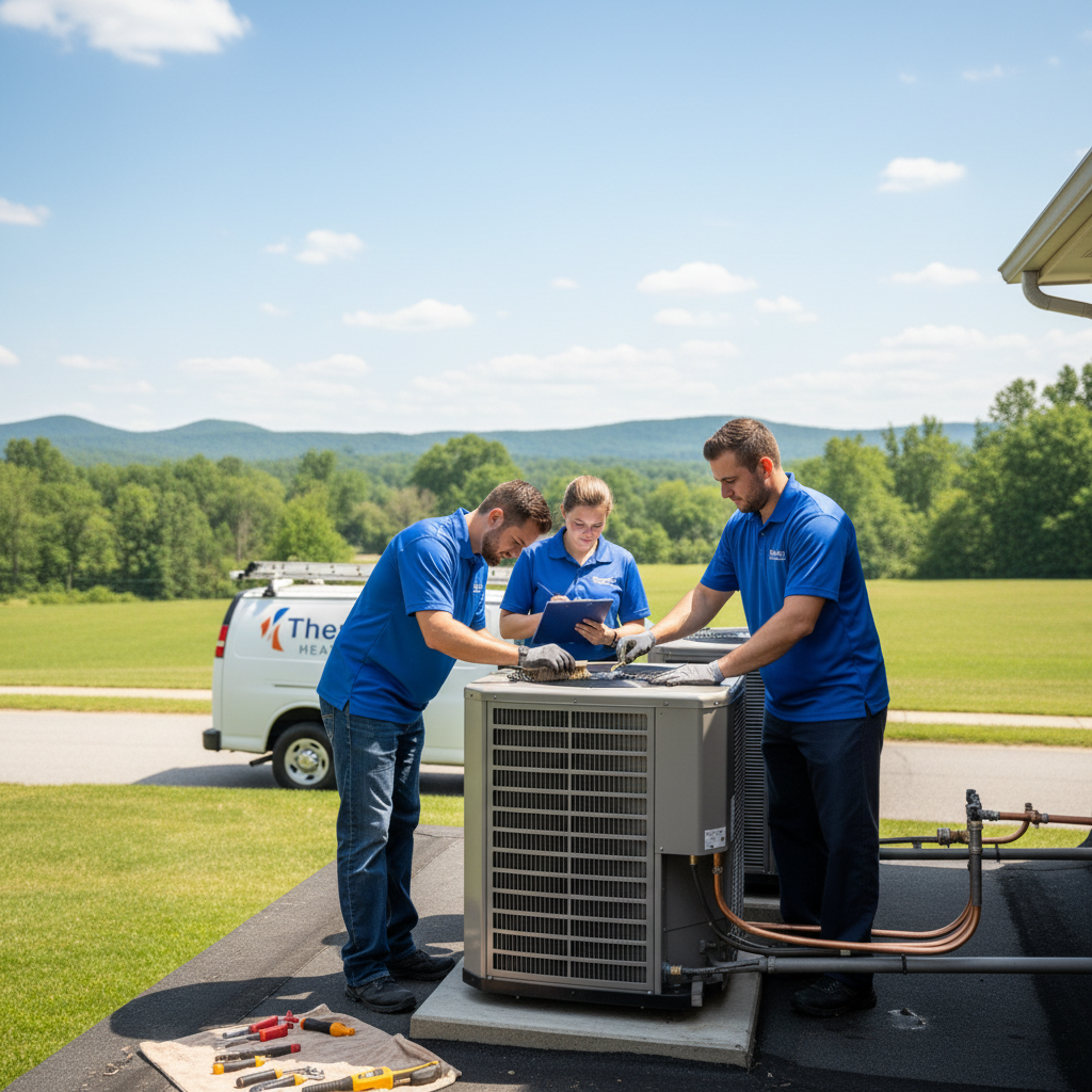 ThermoSTAT Heating and Cooling technicians performing routine maintenance on an HVAC system in LaFollette, Jacksboro, Caryville, and Campbell County TN.