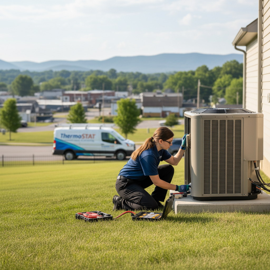ThermoSTAT Heating and Cooling technicians servicing an outdoor HVAC unit in Jacksboro, Campbell County, TN.