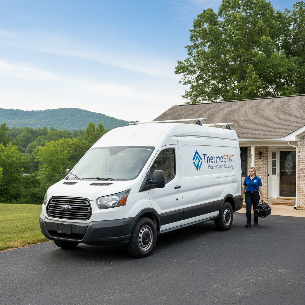 ThermoSTAT Heating and Cooling van parked outside a Caryville, TN home, ready for service.