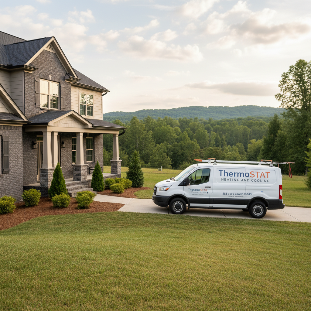 ThermoSTAT Heating and Cooling van parked outside a modern home in Caryville, Campbell County TN.