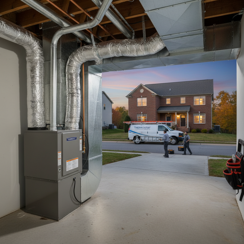 ThermoSTAT Heating & Cooling contractors working on a new furnace installation in a Jacksboro, TN home.