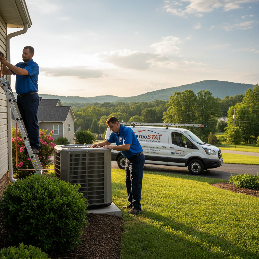 ThermoSTAT HVAC team installing a new air conditioning unit in LaFollette, Jacksboro, Caryville, Campbell County TN.