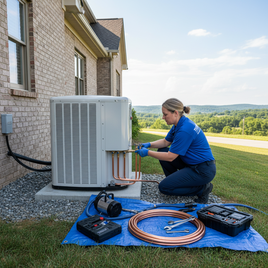 ThermoSTAT professional installing a new air conditioning unit outside a Jacksboro, TN residence.
