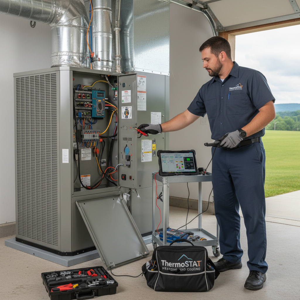 ThermoSTAT professional performing an HVAC system diagnostic on a residential unit in LaFollette, Jacksboro, Caryville, and Campbell County TN.